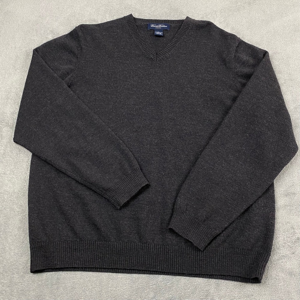 Brooks Brothers Men Large Sweater Charcoal Gray Merino Wool Stretch V-Neck